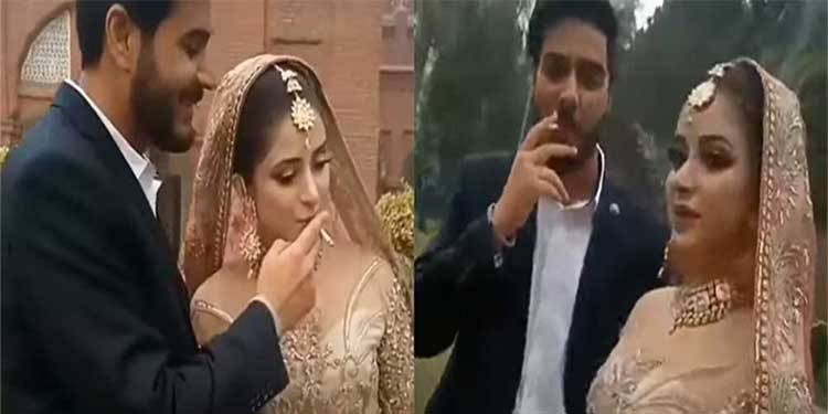 دلہا کی اپنی نوبیاہتا دلہن کو سگریٹ پلانے کی ویڈیو دوبارہ سوشل میڈیا پر وائرل